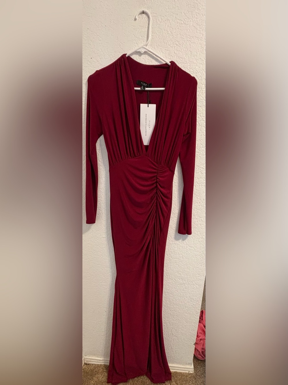 Plunge Ruched Long Sleeve Maxi Dress in Deep Wine